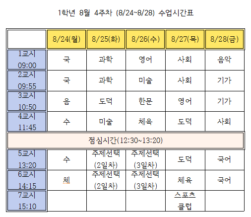 8월 4주차(8.24.~8.28.) 수업시간표