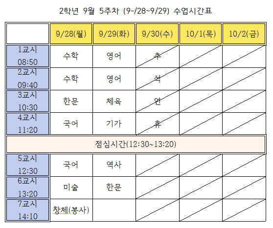 9월5주차(9.28.-9.29.) 2학년 시간표