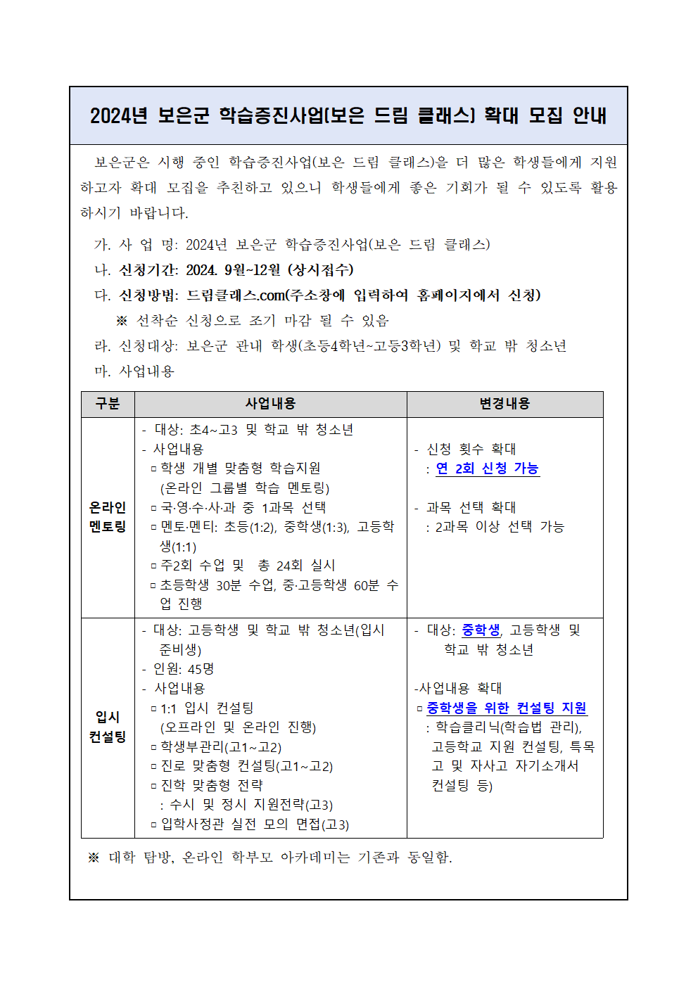 2024년 보은 드림 클래스 확대 모집 안내